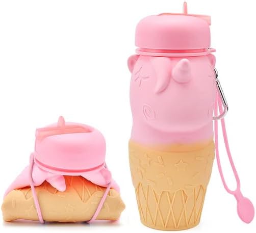 Unicorn Design Silicone Collapsible Water Bottles, Portable Sports Bottle with Carabiner Clip, Leak Proof, BPA Free Sippy Straw 550 ml (Pack of 1) (UNICORN BOTTLE)