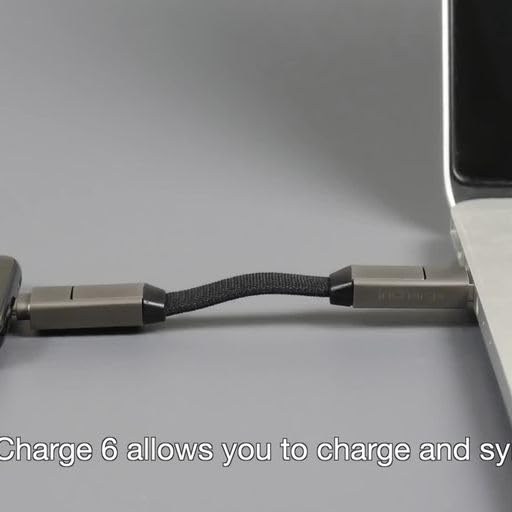 Rolling Square inCharge 6 - Keychain USB C Charger Cable, Lightning Cable and Micro-USB for Smartphone, Universal Cable Charger 6 in 1, USB Plug, 15W, Gray