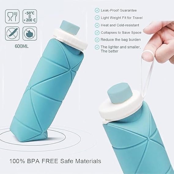 Folding Silicone Water Bottle Sports Water Bottle Outdoor Travel Portable Water Cup Running Riding Camping Hiking Kettle - 600 Ml - (po1), Blue