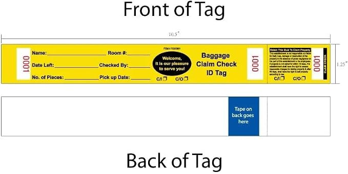 1000 Baggage Claim Check Tags Made from Yellow Card Stock, with Transfer Tape on Back, Printed in Black with Red Consecutive Numbering. Bag Identification Tag Size: 10 1/2" x 1 1/4"