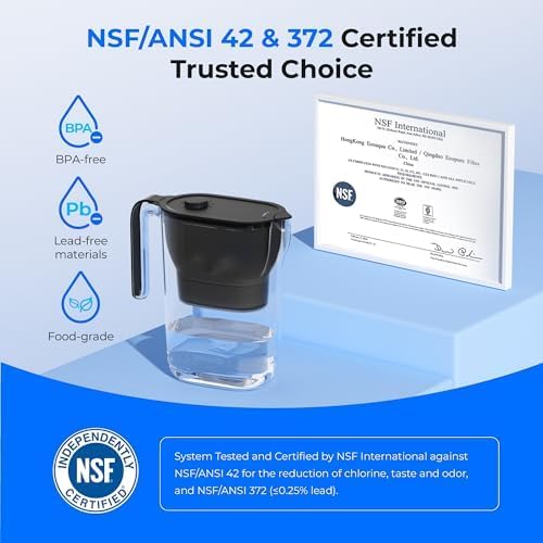 Waterdrop PT-05BL-L Water Filter Pitcher, 7-Cup, NSF Certified, 200-Gallon Long-Life Filter Purifier, Reduces Chlorine and PFOA/PFOS, for Countertop, Replaces 6,400 Plastic Water Bottles a Year, Black