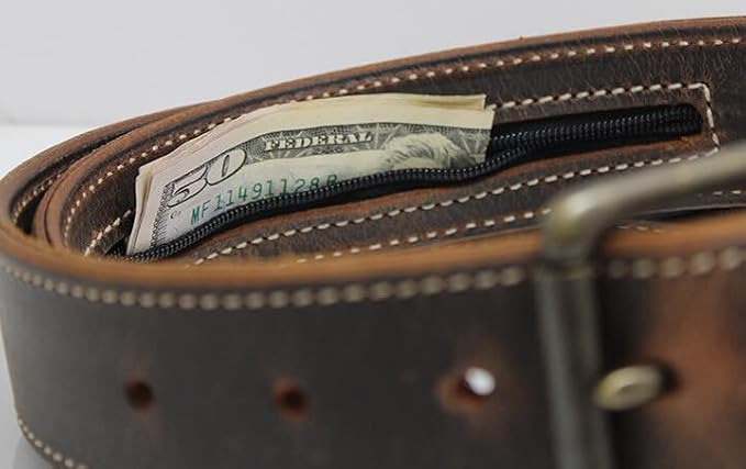 Money Belt, Hidden Zipper Pocket, Travel Security Belt, Full Gain Leather, Amish Made in USA