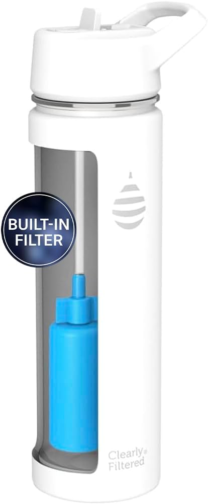Clearly Filtered Water Bottle | Removes 200+ Contaminants, Double-Wall Insulated Stainless Steel, BPA/BPS Free, Phthalate Free, Filters Flouride Lead Chlorine (20oz, White)