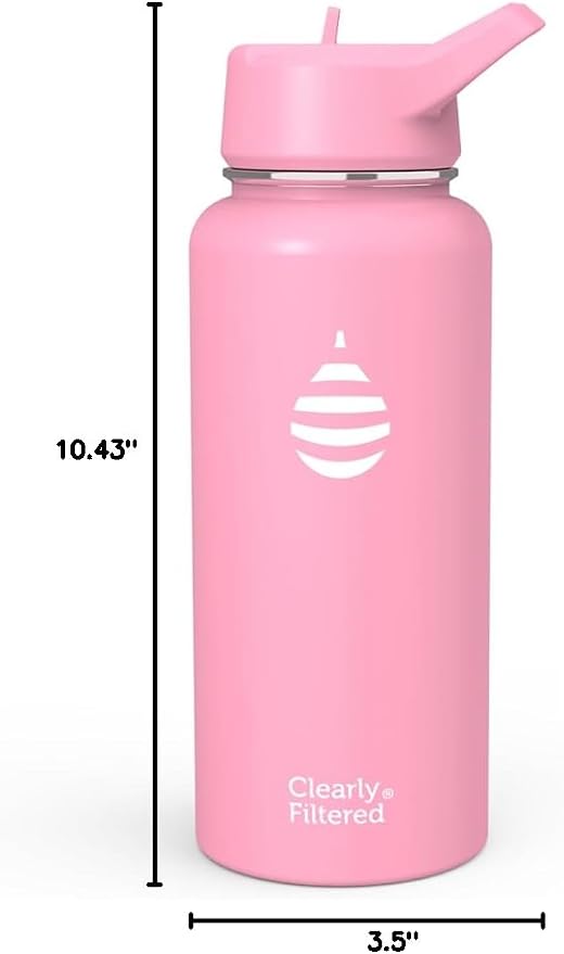 Clearly Filtered Water Bottle | Removes 220+ Contaminants, Double-Wall Insulated Stainless Steel, BPA/BPS Free, Phthalate Free, Filters Flouride Lead Chlorine (32oz, Bubble Gum)