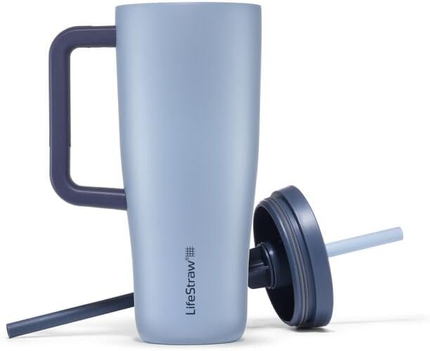 LifeStraw Go Series — Double Wall Insulated 24oz Stainless Steel Water Filter Tumbler, designed for everyday Use, removes bacteria, Parasites, Microplastics, and improves taste, Icelandic Blue