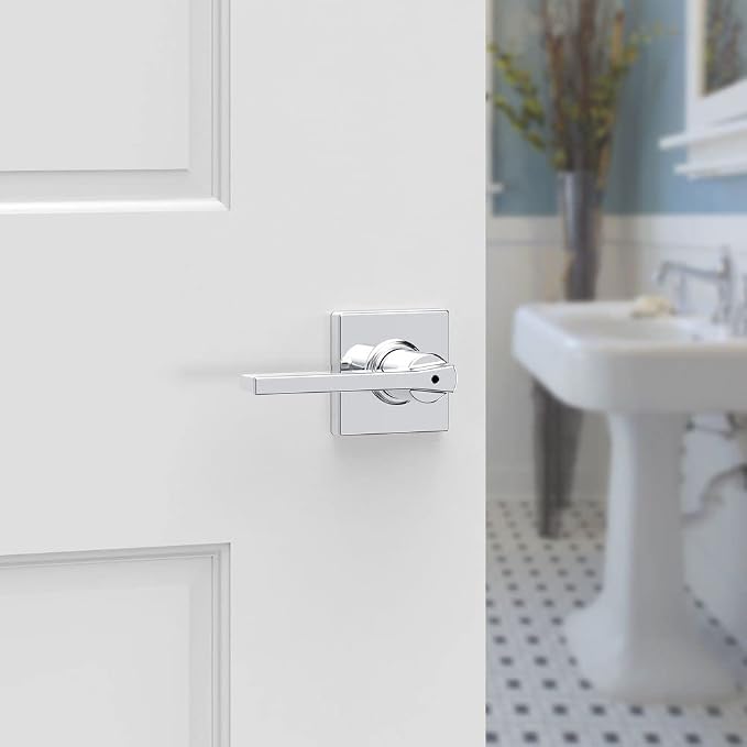 Kwikset Casey Interior Privacy Door Handle with Lock, Door Lever for Bathroom and Bedroom, Polished Chrome Reversible Keyless Turn Lock (Pack of 2)
