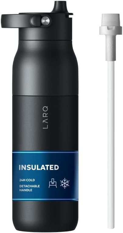 LARQ Swig Top — Insulated Stainless Steel Water Bottle with Straw, Detachable Silicone Handle, Vacuum 24h Cold, BPA-Free Metal Bottle for Gym, Travel, Office, Wide Mouth for Ice — 34 oz, O. Black