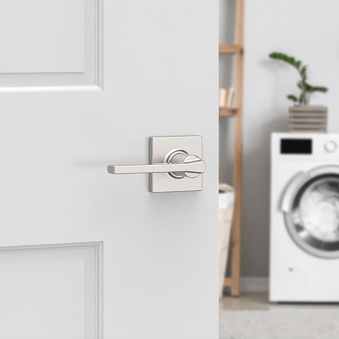 Kwikset Casey Interior Passage Door Handle 2 Pack, Lever for Closet and Hallway Doors, Reversible Non-Locking Handle Lever, Satin Nickel, with Microban Protection