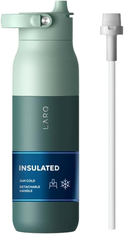 LARQ Swig Top — Insulated Stainless Steel Water Bottle with Straw, Detachable Silicone Handle, Vacuum 24h Cold, BPA-Free Metal Bottle for Gym, Travel, Office, Wide Mouth for Ice — 34 oz, E. Green