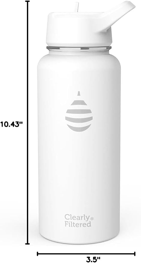 Clearly Filtered Water Bottle | Removes 200+ Contaminants, Double-Wall Insulated Stainless Steel, BPA/BPS Free, Phthalate Free, Filters Flouride Lead Chlorine (32oz, White)