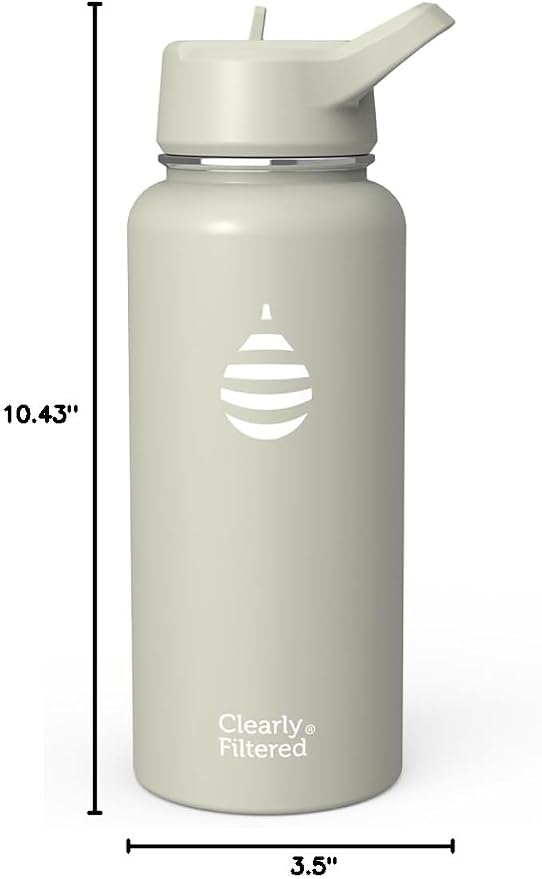 Clearly Filtered Water Bottle | Removes 200+ Contaminants, Double-Wall Insulated Stainless Steel, BPA/BPS Free, Phthalate Free, Filters Flouride Lead Chlorine (32oz, Sage Gray)