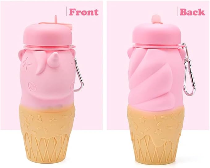 Unicorn Design Silicone Collapsible Water Bottles, Portable Sports Bottle with Carabiner Clip, Leak Proof, BPA Free Sippy Straw 550 ml (Pack of 1) (UNICORN BOTTLE)
