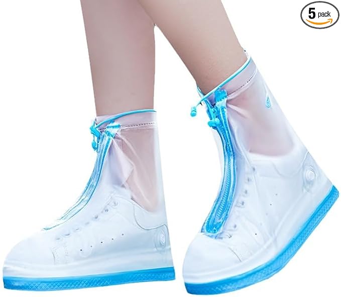 Rain Shoe Covers, 5 Pairs, Reusable, Non-Slip, Waterproof PVC, Mid-Calf, for Gardening, Cycling, Fishing, Walking in Rain, Snow, and Mud (Blue, M (EU 38-39))