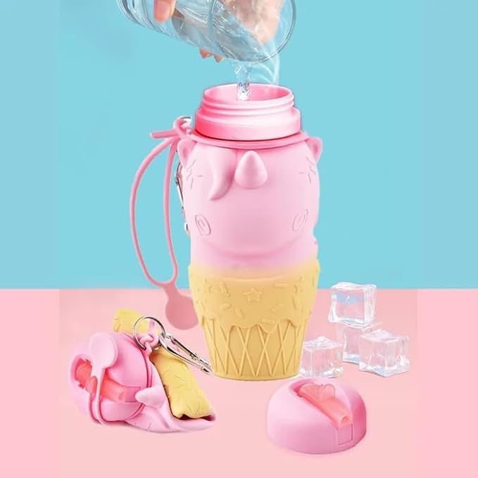 Unicorn Design Silicone Collapsible Water Bottles, Portable Sports Bottle with Carabiner Clip, Leak Proof, BPA Free Sippy Straw 550 ml (Pack of 1) (UNICORN BOTTLE)