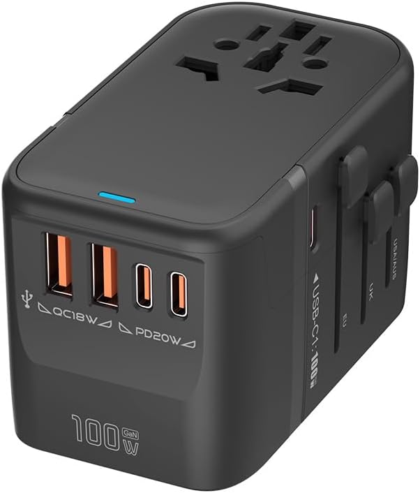 100W GaN Universal Travel Adapter International Power Adapter, with 5 USB(3 USB C) Charging Ports European Travel Plug Worldwide for US to Europe UK, EU, AU (Type C/G/A/I) Outlet Wall Charger