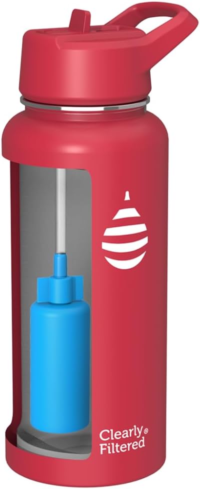 Clearly Filtered Water Bottle | Removes 200+ Contaminants, Double-Wall Insulated Stainless Steel, BPA/BPS Free, Phthalate Free, Filters Flouride Lead Chlorine (32oz, Crimson)
