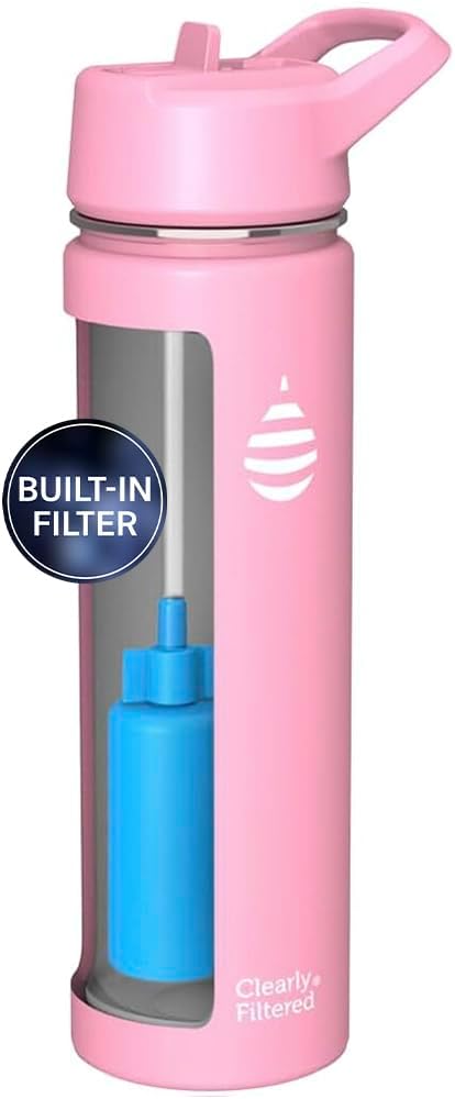 Clearly Filtered Water Bottle | Removes 200+ Contaminants, Double-Wall Insulated Stainless Steel, BPA/BPS Free, Phthalate Free, Filters Flouride Lead Chlorine (20oz, Bubble Gum)