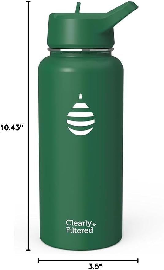 Clearly Filtered Water Bottle | Removes 220+ Contaminants, Double-Wall Insulated Stainless Steel, BPA/BPS Free, Phthalate Free, Filters Flouride Lead Chlorine (32oz, Evergreen)