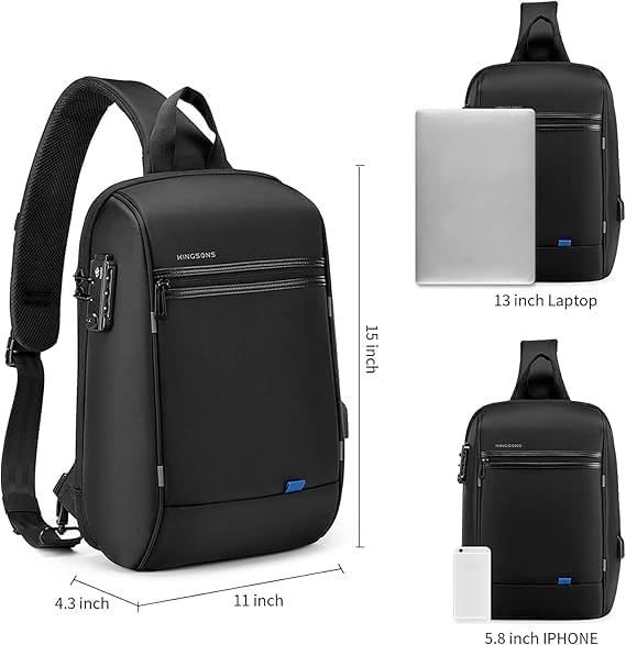 Kingsons Laptop Sling Backpack Anti Theft Bag,Hiking Daypack 13 Inch Waterproof Nylon Travel Bags for Men, Single Shoulder Camping Dayback with USB Charging Port for Traveling