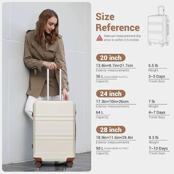 Kono 24 Inch Luggage Suitcase with Spinner Wheels TSA Lock Lightweight PC+ABS Hardside Medium Checked Luggage Durable Rolling Suitcase Cream White
