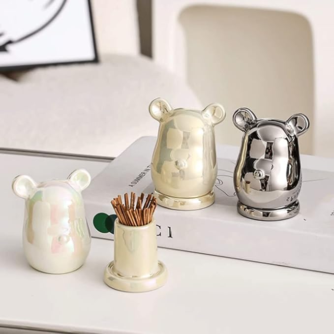 Fashion Creative Toothpick Holder Ceramic Desktop Bear Toothpick Dispenser Cotton Swab Stick Toothpick Organizer Reusable Chic (White)