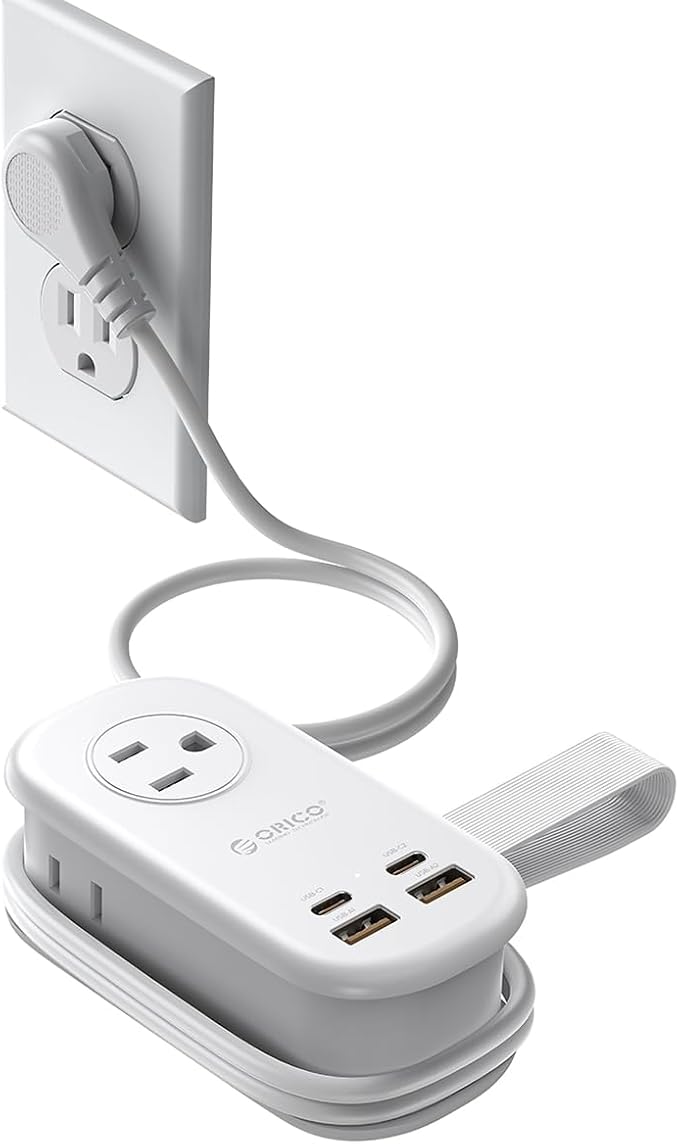 ORICO Travel Power Strip, 65W GaN Charging Station with 3 Outlets & 4 USB Ports (2 USB C), 4FT Flat Plug Extension Cord with Wraparound Design, Compact USB C Charger for Cruise Home Office Dorm Laptop