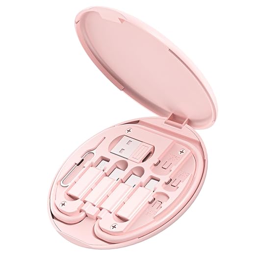 Multi USB Charging Adapter Cable Kit, USB C to iOS Device Adapter Box, Conversion Set A & Type C to Male Micro /Type C/iOS Device, Data Transfer, Card Storage, Tray Eject Pin, Phone Holder (pink)