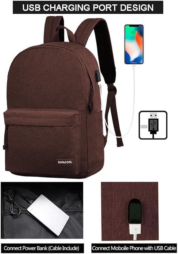 SUPACOOL Casual Laptop Backpack for Men and Women, Pencil Pouch, School Backpack with USB Charging Port, Bookbag for Boys and Girls(Coffee set)