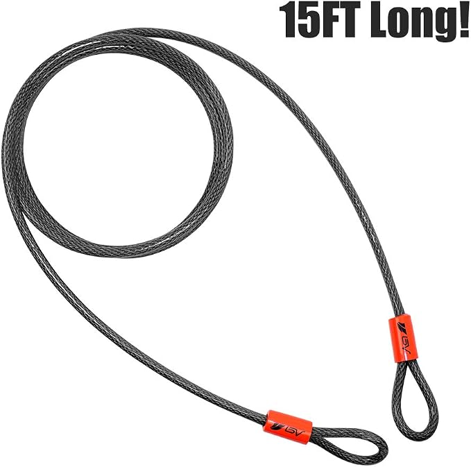 BV Heavy-Duty 15FT Security Cable with Loops-10mm (3/8 Inch) Cut-Resistant Braided Steel Cable-Versatile & Weatherproof-Security Chain for Padlock, Chain Lock, Wire Lock (Pair)
