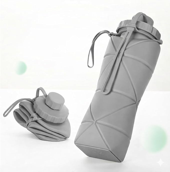 Folding Silicone Water Bottle | Collapsible Travel Water Bottle for Gym, Office, School, Cycling, Hiking & Outdoor Sports | Leak-Proof, Portable Bottle | 600 Ml (Grey)