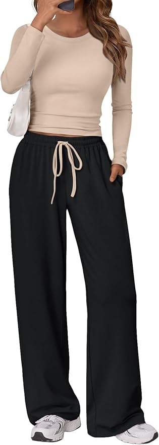 Trendy Queen Women's 2 Piece Matching Lounge Set Long Sleeve Side Ruching Top Wide Leg Drawstring Pants Set with Pockets