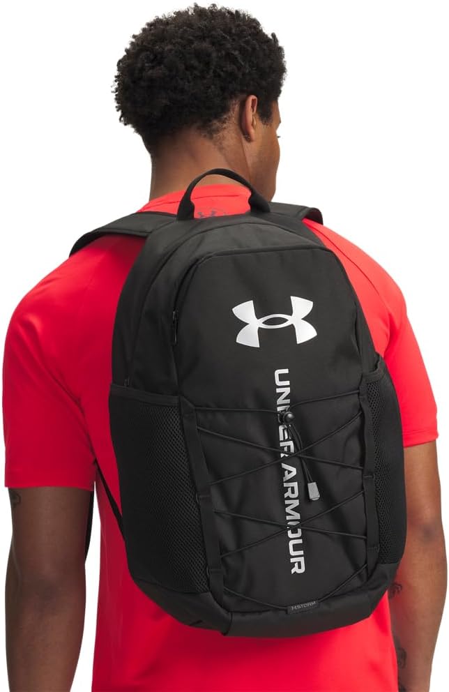 Under Armour Unisex Hustle Sport 6.0 Backpack, (001) Black/Black/Metallic Silver, One Size Fits Most