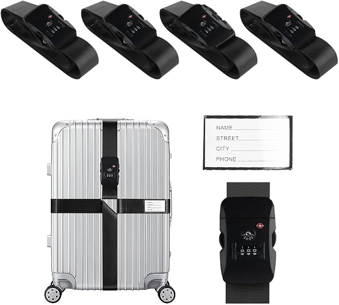 Veki Cross Luggage Straps Set TSA Approved with Lock Adjustable Travel Suitcase Belts Suitcase Tags with Name ID Card Packing Straps for Suitcases Strap Travel Accessories (Black*4pcs)