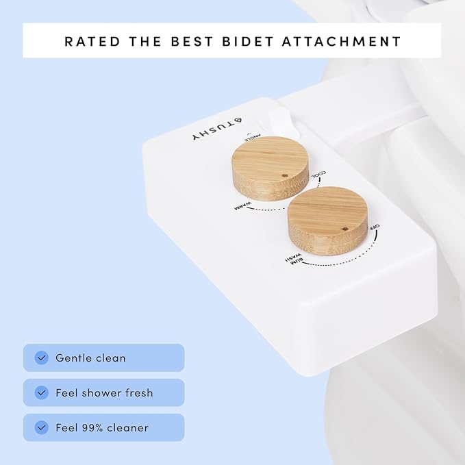 TUSHY Spa Warm Water Bidet Attachment for Toilet. Universal Fit, Easy Install (Requires Sink Access for Optional Temperature Control) Self Cleaning, Adjustable Pressure, Angle Control, Pink/Bamboo