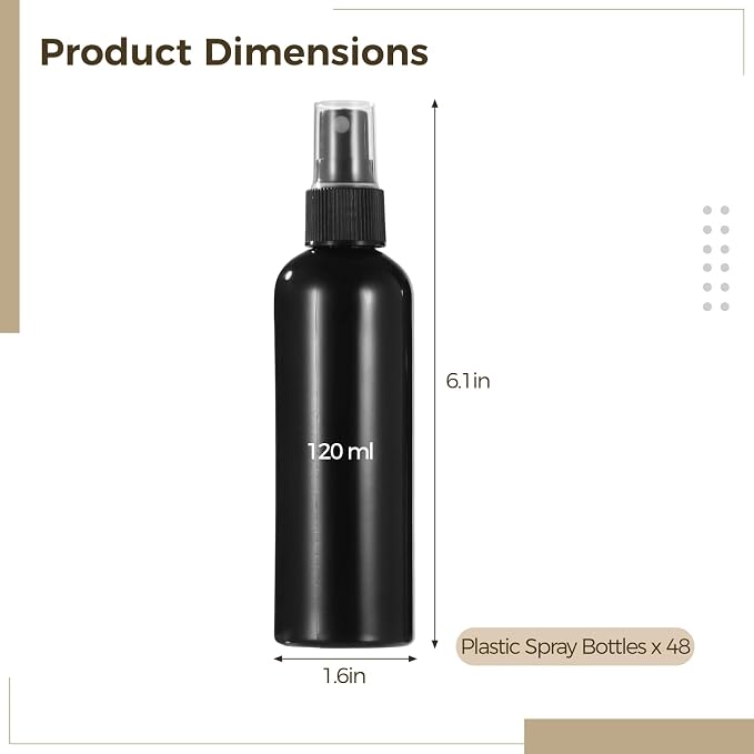OMISTAR 48 Pcs 4 oz Plastic Spray Bottles - 120 ML Travel Size, Fine Mist Sprayers, Ideal for Perfumes, Cosmetics, Cleaning Solutions, and More, Black