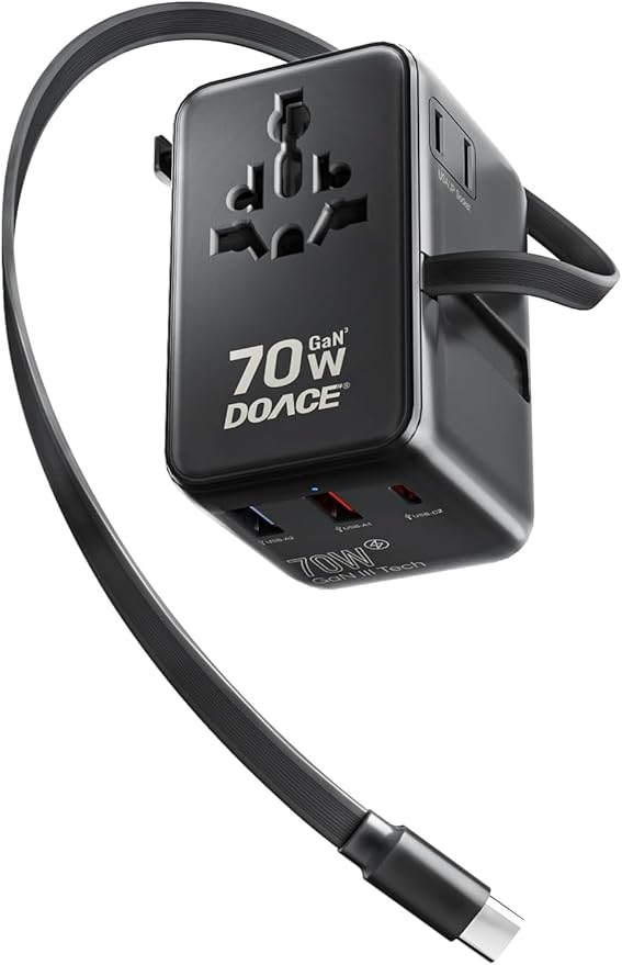 DOACE 70W Universal Travel Adapter, 6-in-1 International Power Adapter with Built-in USB-C Cable, PD Fast Charging Worldwide Wall Charger for EU/UK/US/AU
