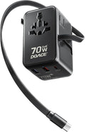 DOACE 70W Universal Travel Adapter, 6-in-1 International Power Adapter with Built-in USB-C Cable, PD Fast Charging Worldwide Wall Charger for EU/UK/US/AU