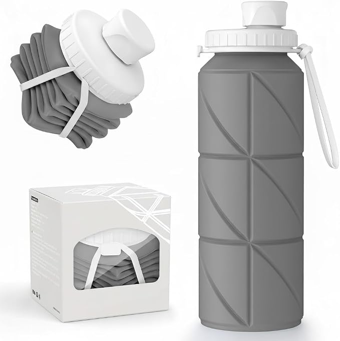 Folding Silicone Water Bottle | Collapsible Travel Water Bottle for Gym, Office, School, Cycling, Hiking & Outdoor Sports | Leak-Proof, Portable Bottle | 600 Ml (Grey)