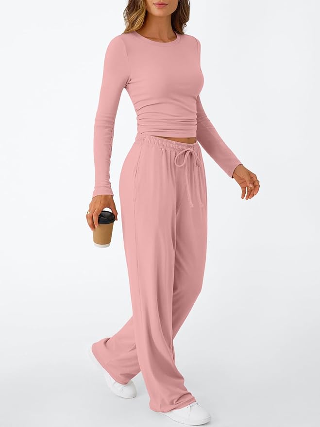 Trendy Queen Women's 2 Piece Matching Lounge Set Long Sleeve Side Ruching Top Wide Leg Drawstring Pants Set with Pockets
