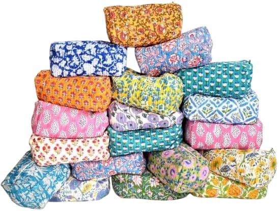 Block Print Designer Toiletry Bag & Makeup Case - Boho Floral Quilted Pouch for Cosmetics, Skincare - Waterproof Lined Organizer for Diaper Bag, Purse, Travel, Gift, Pencils (large size 3pcs)