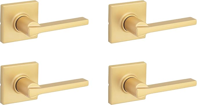 Kwikset Casey Interior Square Passage Door Handle, Lever for Closet and Hallway Doors, Reversible Non-Locking Handle Lever, Satin Brass 4 Pack