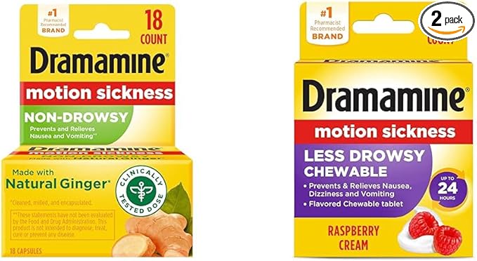 Dramamine Motion Sickness Relief Ginger Capsules, 18 Count & Less Drowsy Chewable Tablets, Raspberry Cream, 12 Count