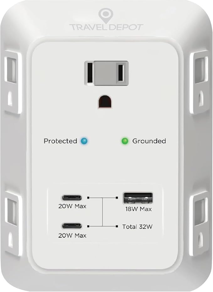 Travel Depot PD USB Wall Charger Surge Protector, 5 Outlet Extender 2 USB C & 1 USBA Charging Ports, Fast Charge 3 Sided Power Strip Multi Plug Outlets Wall Adapter for Home Office, ETL Listed (White)