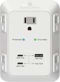 Travel Depot PD USB Wall Charger Surge Protector, 5 Outlet Extender 2 USB C & 1 USBA Charging Ports, Fast Charge 3 Sided Power Strip Multi Plug Outlets Wall Adapter for Home Office, ETL Listed (White)