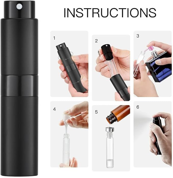 Street27® 8ml Empty Perfume Bottle Refillable Perfume Atomizer Spray Bottle, Portable Mini Pocket Travel Perfume refill bottle Dispenser Glass & Aluminum with 3 Types of Refill Pump - Matte Black