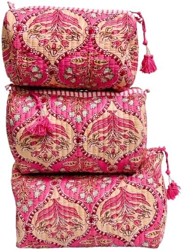 Block Print Designer Toiletry Bag & Makeup Case - Boho Floral Quilted Pouch for Cosmetics, Skincare - Waterproof Lined Organizer for Diaper Bag, Purse, Travel, Gift, Pencils (medium size 8pcs)