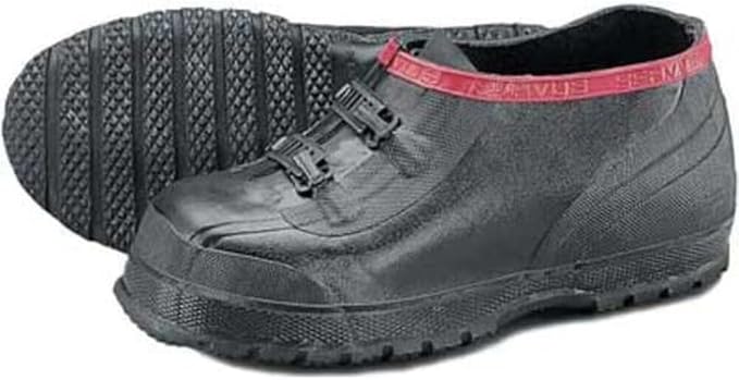 Overshoes, Plain Toe, Natural Rubber, 5 in Height, Buckles Closure, Ribbed Sole, Black/Red, 11-1 Each