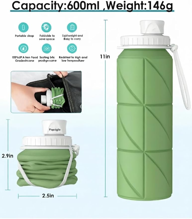 Folding Silicone Water Bottle | Collapsible Travel Water Bottle for Gym, Office, School, Cycling, Hiking & Outdoor Sports | Leak-Proof, Portable Bottle | 600 Ml (Green)