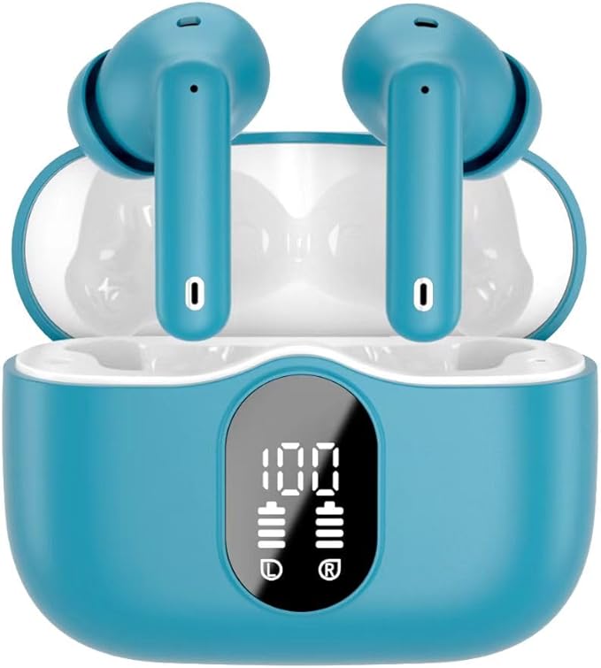 Wireless Earbuds, Bluetooth 5.4 Headphones Bass Stereo, Ear Buds with Noise Cancelling Mic, LED Display in Ear Earphones Clear Calls, IP7 Waterproof Bluetooth Earbuds for Laptop/Phones, Ice Blue