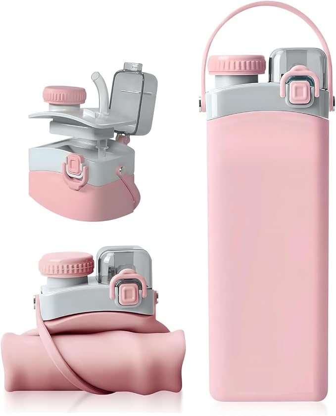 Collapsible Silicone Water Bottle || 600 ML Folding Water Bottle With Straw And Hook || Portable Water Bottle For Hiking, Camping, Sports, Road Trips, Outdoor (Pack Of 1) (Pink)